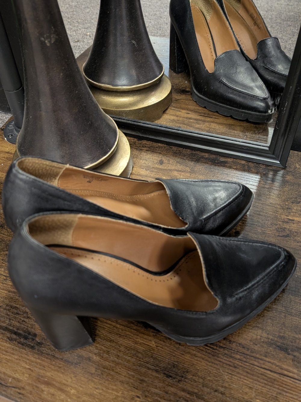 Adrienne Vittadini Black Leather Block Heel Loafers
